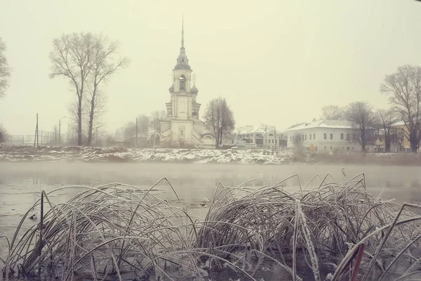 Winterlandschap Kerk Aan Oevers Van Ijskoude Rivier Vologda Christendom Doop — Stockfoto