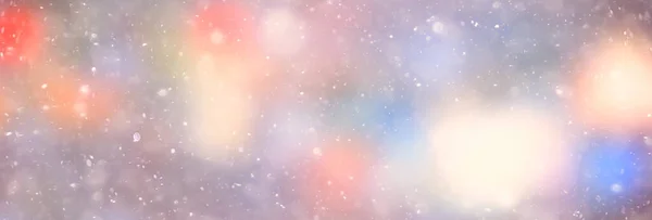 Πολύχρωμο Φόντο Χιόνι Χιονόπτωση Βράδυ Χριστουγεννιάτικα Φώτα Μαλακό Φως Θολή — Φωτογραφία Αρχείου