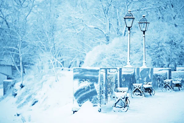 Landscape Bench City Park Winter Frost Christmas Morning City — Stock Photo, Image