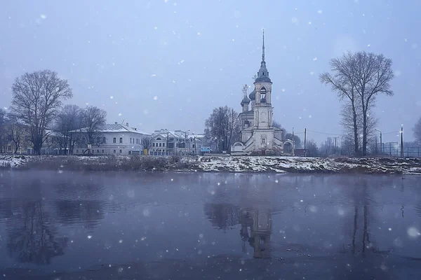 Winter Landscape Church Banks Freezing River Vologda Christianity Baptism Russia — Stock Photo, Image