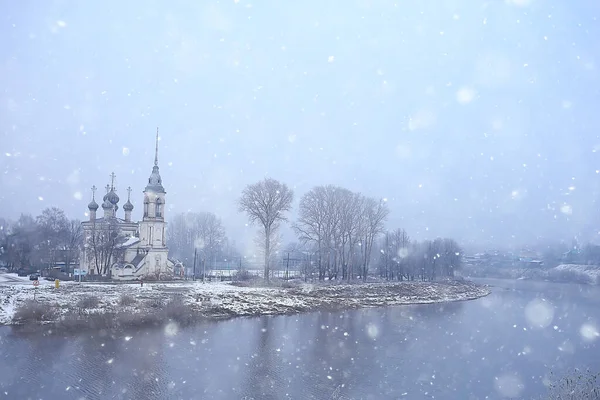 Biserica Peisaj Iarna Malurile Raului Inghetat Vologda Botez Crestinism Russia — Fotografie, imagine de stoc