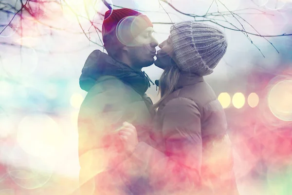 Couple Love Winter Evening Hugging Seasonal Abstract Background Weather Twilight — Stock Photo, Image