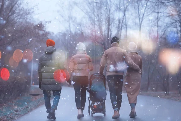 Paseo Invierno Parque Familia Joven Con Niño Pequeño Amigos Padres — Foto de Stock