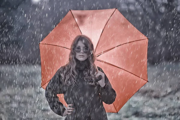 Retrato Sazonal Outono Menina Triste Com Guarda Chuva Novembro Sazonal — Fotografia de Stock