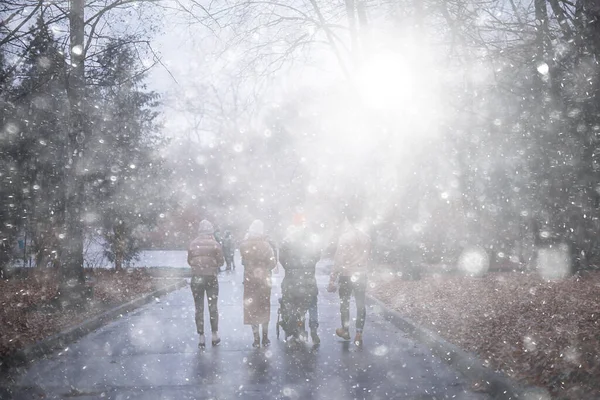 Paseo Invierno Parque Familia Joven Con Niño Pequeño Amigos Padres —  Fotos de Stock