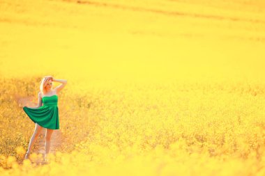 Bahar doğası. Çiçek tarlasında genç bir kız. Güneşli bir manzarada bir bayanın özgürlüğü ve mutluluğu.