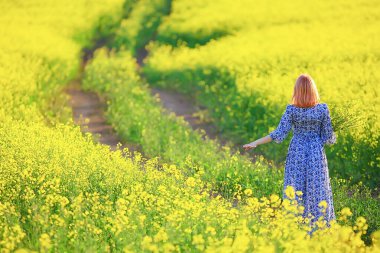 Bahar doğası. Çiçek tarlasında genç bir kız. Güneşli bir manzarada bir bayanın özgürlüğü ve mutluluğu.