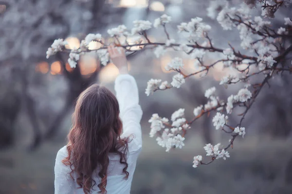 Girl Dreams Back View Spring Portrait Happy Girl Blooming Garden — Stock Photo, Image