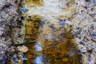 Su birikintisi arka planda petrol sızıntıları, soyut benzin kirliliği kavramı
