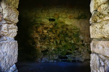 Duvar işi Maya antik şehri, soyut arka plan eski taş arkeoloji duvarı Meksika 'da