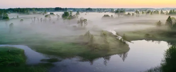 Evening Fog Landscape Forest River View Morning Forest Beautiful Background — Stock Photo, Image