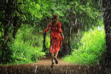 Kız yağmur parkı, genç çekici romantik kadın.