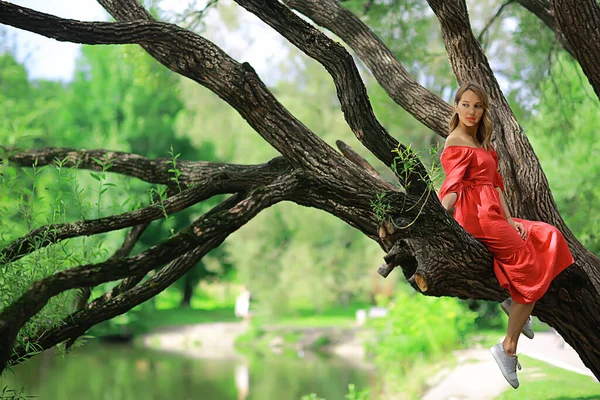 Spring Dreaming Female Girl Sitting Tree Branch Spring Forest Park — стоковое фото