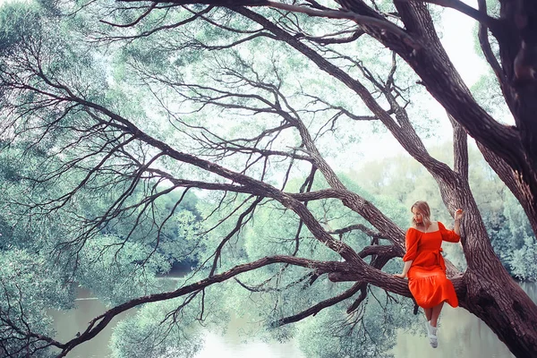 Springtime Dreaming Female Girl Sitting Tree Branch Spring Forest Park — Stock Photo, Image