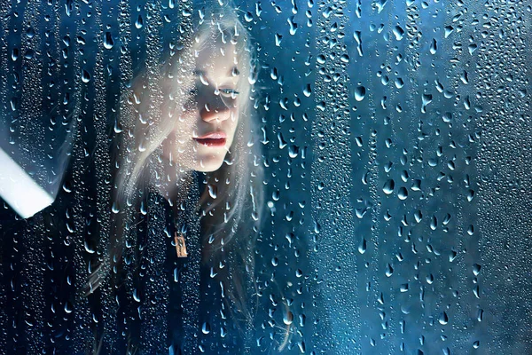 Rain Night Girl Portrait Sad Concept Waiting One Beautiful Adult — стоковое фото