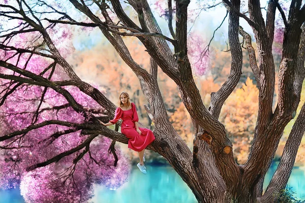 Springtime Dreaming Female Girl Sitting Tree Branch Spring Forest Park — Stock Photo, Image