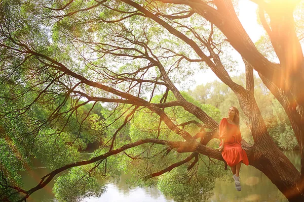 Primavera Soñando Chica Femenina Sentada Una Rama Árbol Parque Forestal — Foto de Stock