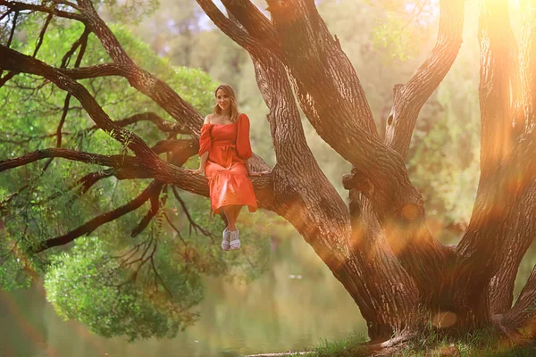 Springtime Dreaming Female Girl Sitting Tree Branch Spring Forest Park — Stock Photo, Image