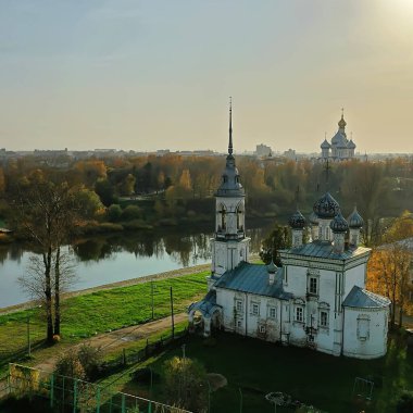 Sonbahar Vologda Kremlin, İHA üst görünümü, Rusya dini Hristiyan kilisesi