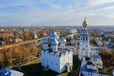 Sonbahar Vologda Kremlin, İHA üst görünümü, Rusya dini Hristiyan kilisesi