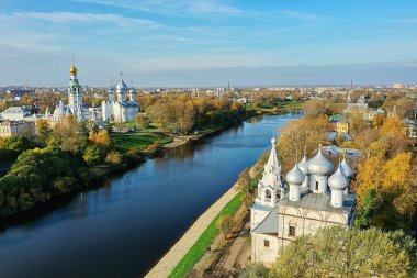 Sonbahar Vologda Kremlin, İHA üst görünümü, Rusya dini Hristiyan kilisesi