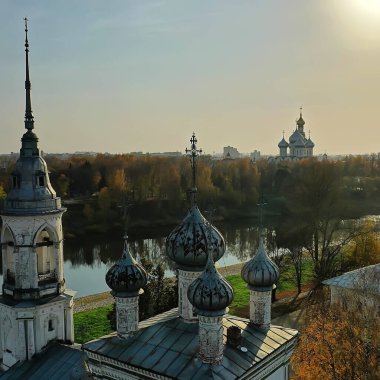 Sonbahar Vologda Kremlin, İHA üst görünümü, Rusya dini Hristiyan kilisesi