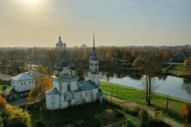 Sonbahar Vologda Kremlin, İHA üst görünümü, Rusya dini Hristiyan kilisesi