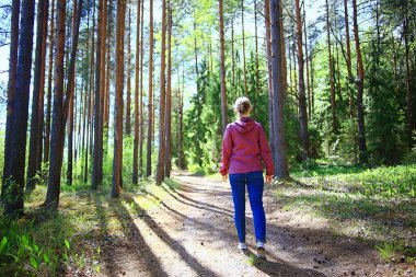Bahar ormanı kadın rüzgarlık yürüyüş, bahar dinlenme doğa arka plan kadın turist