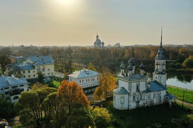 Sonbahar Vologda Kremlin, İHA üst görünümü, Rusya dini Hristiyan kilisesi