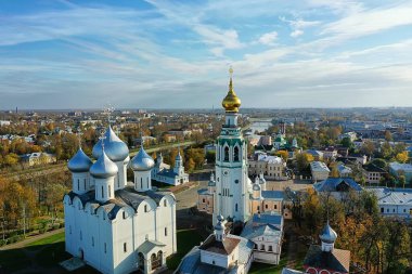 Sonbahar Vologda Kremlin, İHA üst görünümü, Rusya dini Hristiyan kilisesi