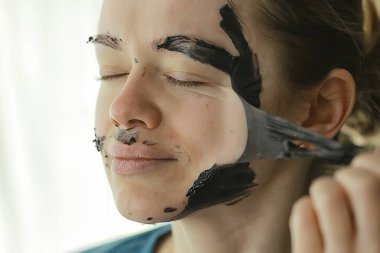 Ben, ev cilt gözeneği siyah kömür maskesi, kaplıca kadın yüzü.