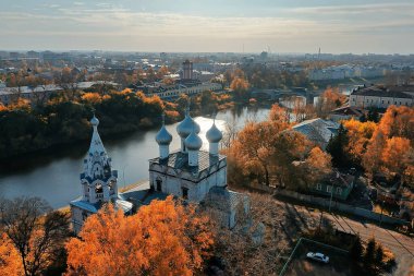 Sonbahar Vologda Kremlin, İHA üst görünümü, Rusya dini Hristiyan kilisesi