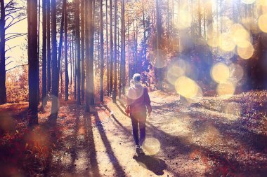 Kadın spor tarzı sonbahar ormanı, sarı bir park yaprağında sonbahar güneşi turizmi.