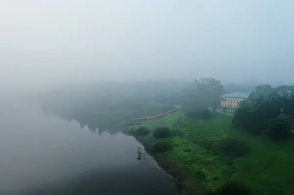 Kirche Nebel Draufsicht Drohne Wologda Landschaft Religion Europa — Stockfoto
