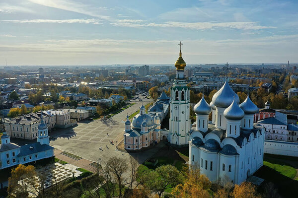 autumn vologda kremlin, drone top view, russia religion christian church