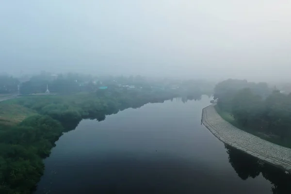 教堂雾顶视图 无人机在Vologda 景观宗教欧洲 — 图库照片