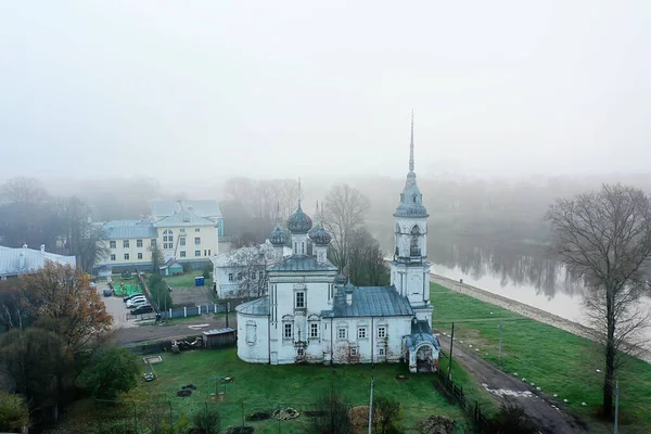 Kostel Mlha Top View Drone Vologda Krajina Náboženství Evropa — Stock fotografie