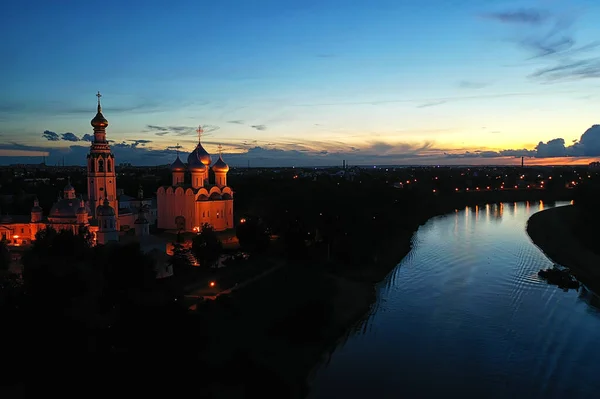 Vologda Kremlin Noapte Seara Panorama Peisaj Vedere Aeriană Drone Arhitectura — Fotografie, imagine de stoc