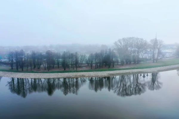 Chiesa Nebbia Vista Dall Alto Drone Vologda Paesaggio Religione Europa — Foto Stock