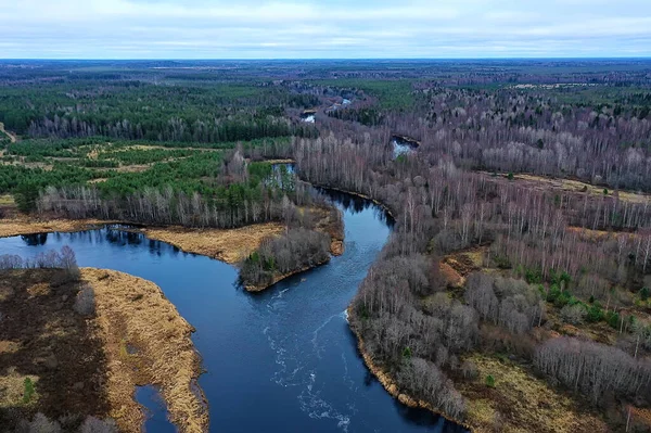 Pohled Řeku Podzim Bezpilotního Lesa Krajina Panorama Letecký Pohled — Stock fotografie