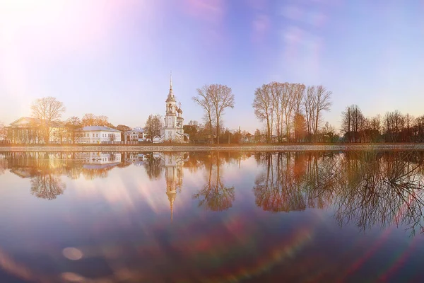 Kościół Rzeka Panorama Vologda Krajobraz Turystyka Ortodoksyjna Rosja — Zdjęcie stockowe