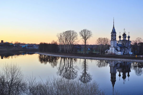 Biserica Râu Panorama Vologda Peisaj Ortodoxie Turism Rusia — Fotografie, imagine de stoc