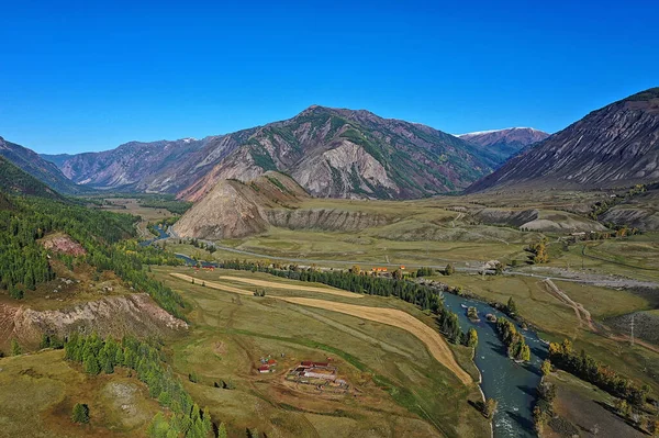 Berg Altai Floden Övre Drönare Landskap Altai Turism Ovanifrån — Stockfoto