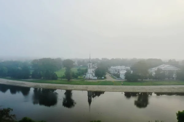 Niebla Iglesia Vista Superior Dron Vologda Paisaje Religión Europa —  Fotos de Stock