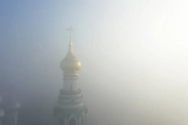Kostel Mlha Top View Drone Vologda Krajina Náboženství Evropa — Stock fotografie