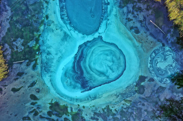 Geyser lake altai aerial view from drone, blue lake landscape