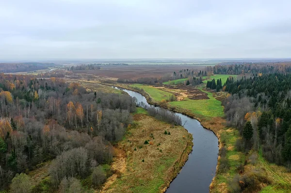 Pohled Řeku Podzim Bezpilotního Lesa Krajina Panorama Letecký Pohled — Stock fotografie