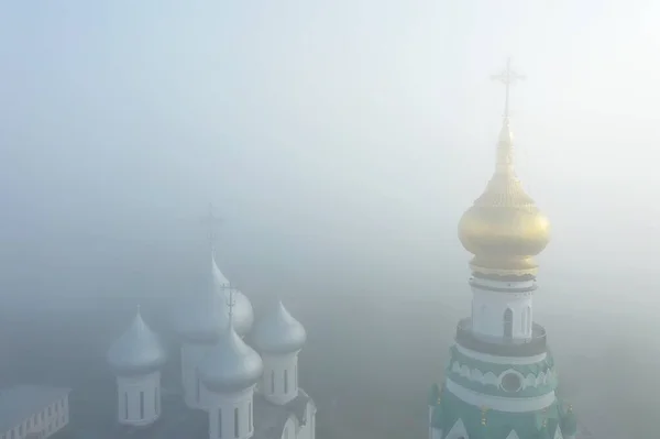 Kostel Mlha Top View Drone Vologda Krajina Náboženství Evropa — Stock fotografie