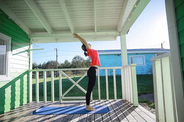 female yoga house porch, health sport activity spring girl