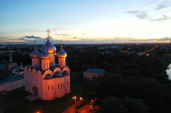 Vologda Kremlin Nacht Avond Panorama Landschap Luchtfoto Vanuit Drone Architectuur — Stockfoto